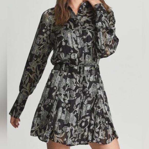 REISS Larissa Size 8 Feminine Black Gray Floral Sheer Drop Waist Mini Dress NEW